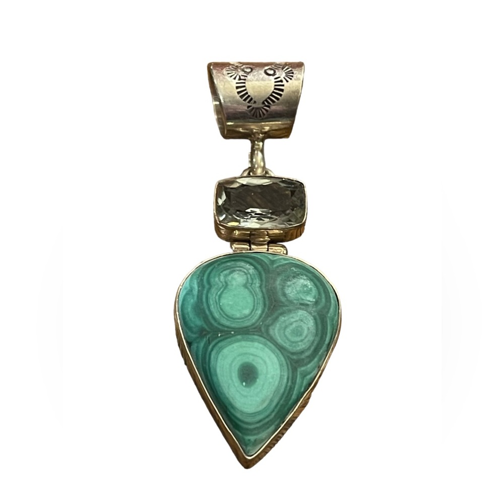 Vintage 1950s Southwestern Malachite aquamarine sterling 925 C CHAMA pen…